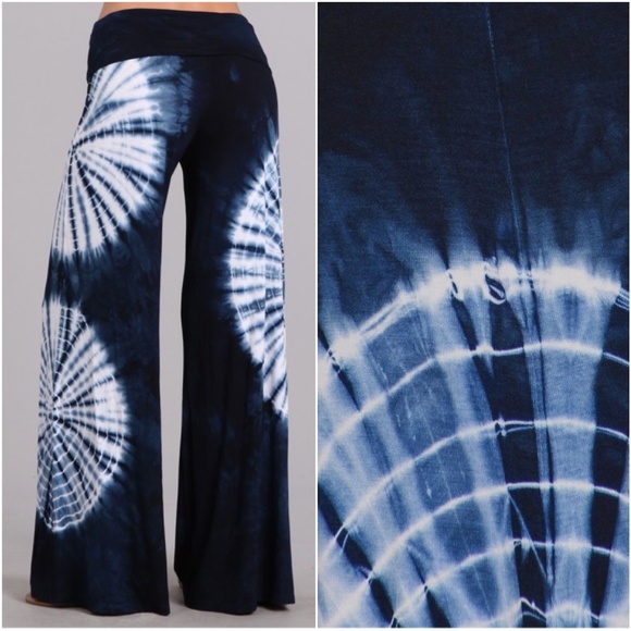 025 Bohemian Navy Blue Tie Dye Palazzo Wide leg Lounge Pants - Picture 2 of 2